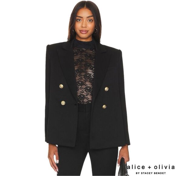 Alice + Olivia **NWT** Anthony Double-Breasted Strong-Shoulder Blazer Black/Gold - Picture 11 of 14